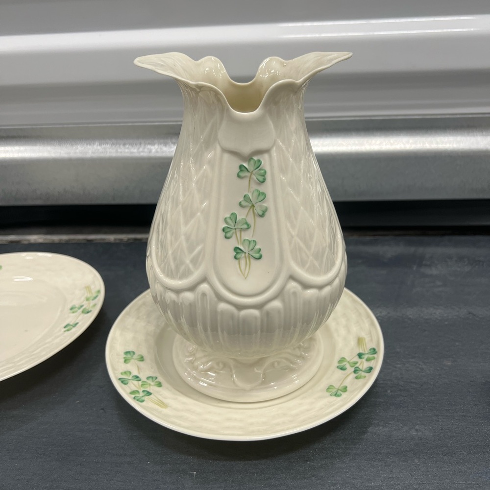 Belleek Cream Porcelain Vase with Green Shamrock Accents